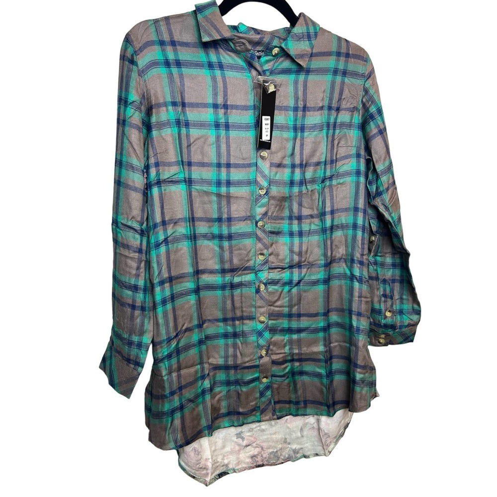 Taloni Collections New Plaid Button Up Floral Black Gray Teal Size Small Petite